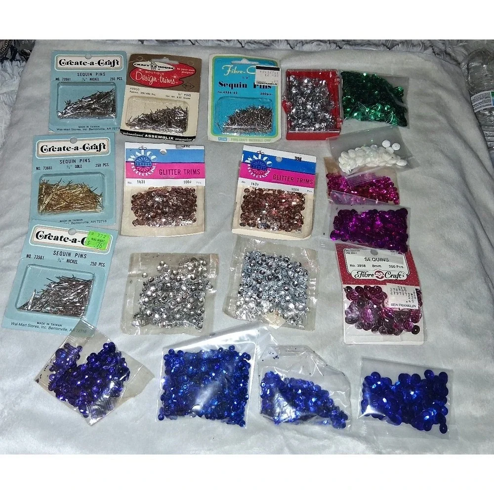 Vintage Sequin Craft Lot Glitter Trims Pins Fibre-Craft Create-a-Craft Retro